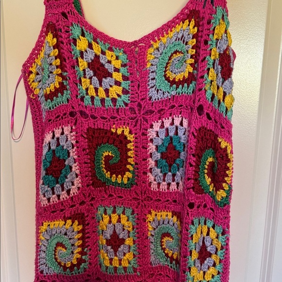 Cotton Emporium Patchwork Crochet Mini Dress Pink - Picture 4 of 9